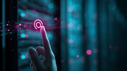 Touch of Tomorrow: An evocative image of a finger delicately touching a digital interface in a futuristic server room. the image exudes an aura of progress and innovation. 