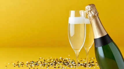 Sparkling champagne bottle with two elegant flutes filled with bubbly drink, set against a vibrant yellow background, perfect for celebrations and festive occasions