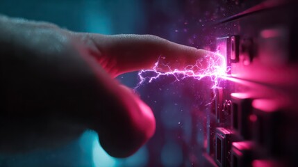 Power Activation: A hand, with a finger poised to activate a button, triggers an electrifying surge of power, symbolizing the start of innovation.