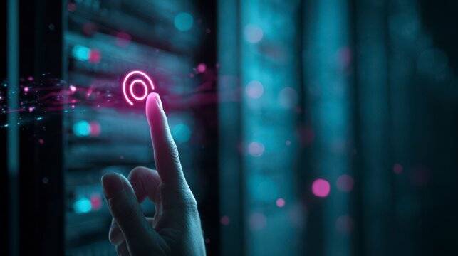 Touch of Tomorrow: An evocative image of a finger delicately touching a digital interface in a futuristic server room. the image exudes an aura of progress and innovation. 