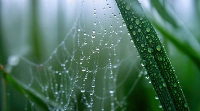 delicate spider web with dew drops on green grass in morning light, nature's beauty captured in detail - AI Generated Digital Art - Powered by Adobe