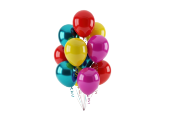 tightly clustered, highly reflective metallic foil balloons (red, yellow, magenta, cyan) with curling ribbons, floating against a transparent studio background, low angle, joyful birthday celebration