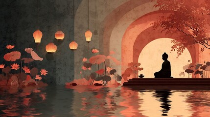 Flat boho illustration celebrating Mahayana New Year, serene Buddha silhouette, soft earthy tones, floating lanterns, lotus flowers, minimal geometric shapes, calm spiritual atmosphere