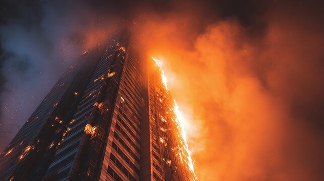Sky-high inferno: A towering building engulfed in raging flames, a dramatic display of urban disaster and destruction under a dark sky filled with smoke and chaos.