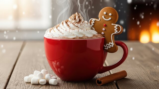 Festive Hot Chocolate with a Gingerbread Man Cookie