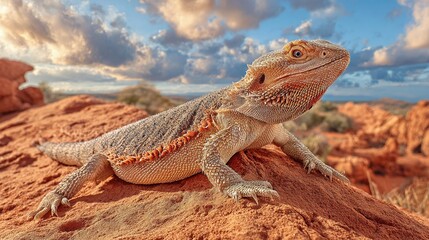 Bearded dragon basks in the warm glow of the sunset, perched atop the red rocks. The sky provides a beautiful backdrop, completing the perfect desert scene. Scales shimmer.