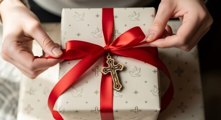 Woman hand ties red ribbon on gift box with cross. Christmas present with religious symbol for Christian holiday. Easter decoration and celebration.