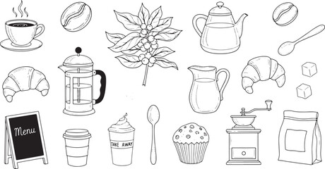 Coffee shop sketch vector illustration with menu and baked goods