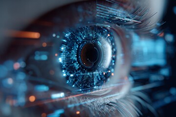 Visionary Insights: A close-up view of a human eye with digital data streams cascading across the iris, symbolizing technological advancement and future perspectives. 