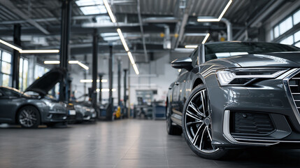 Automotive Excellence: Sleek sedan in a modern repair shop, poised for service. Lights accentuate its design, ensuring a premium experience. Precision meets style.