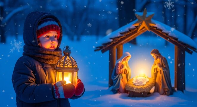 Child with lantern looking at Christmas nativity scene. Holy family figures symbolizing birth of Jesus for Christian Christmas holiday. Biblical scene depiction.