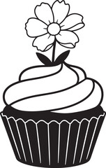 Elegant cupcake with delicate flower on top black and white design