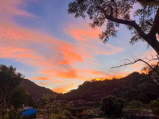 Breathtaking pink and orange clouds against a blue sky over the lush green hills and town of Wulai, New Taipei City, Taiwan, framed by a tree branch silhouette.