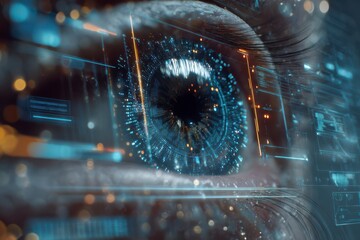 Vision of the Future: An extreme close-up of a human eye is transformed into a digital marvel, interwoven with circuit-board-like patterns and glowing data streams.
