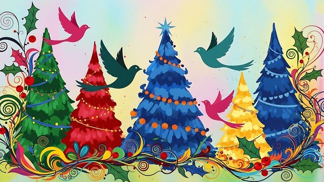 Whimsical watercolor christmas trees adorned with colorful lights and flying birds in a festive design