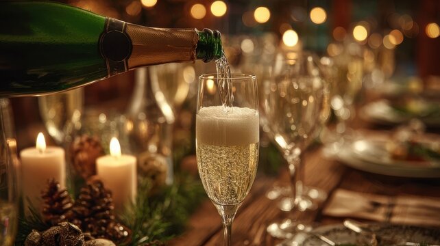 Champagne being poured into flute at festive candlelit dinner