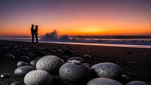 Diamond Ring on Black Beach Rocks at Sunset Proposal engagement marriage