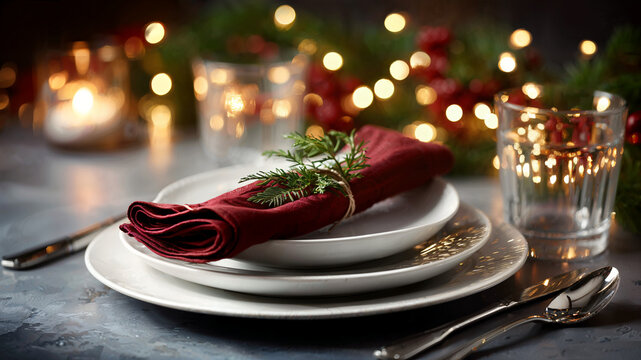 Festive Table Setting Elegant and Cozy Celebration with Red Napkin and Pine Sprig on Candlelit Background