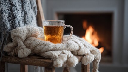A warm cup of tea rests on a knitted blanket draped over a rustic chair. The glowing fireplace creates a comforting atmosphere in a cabin during a cold evening.