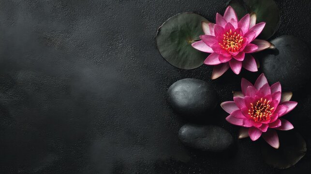 Pink lotus flowers bloom gracefully on dark stones alongside green lily pads creating a tranquil scene perfect for relaxation and meditation. Nature's beauty shines brightly in this peaceful setting.
