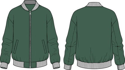 Bomber jacket cad drawing, front and back flat sketch, ribbed cuff design, vector fashion template, green color fashion illustration