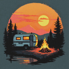 Scenic camping adventure in nature with camper and campfire at sunset