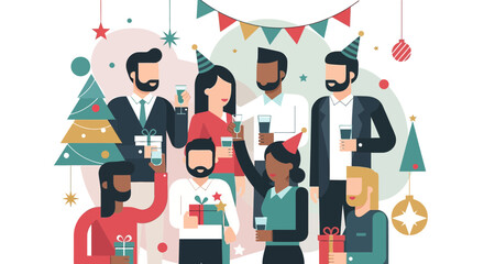 Cheerful colleagues celebrating the holiday season with gifts and raised glasses of refreshment at