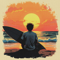 Serene surfer silhouette contemplates orange sunset over the ocean waves