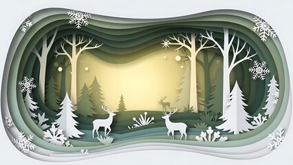 Enchanting winter forest diorama with deer and snowflakes illuminated by soft light