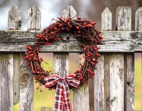 Rustic red berry wreath with plaid bow adorning a weathered wooden fence evokes seasonal charm and