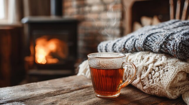 A clear cup of hot tea sits on a wooden table next to a soft blanket. The warm glow from a fireplace creates a cozy atmosphere in a rustic room. Perfect for relaxation on a chilly day.