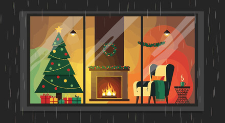 Cozy holiday scene with festive decorations and warm fireplace glow in rainy day