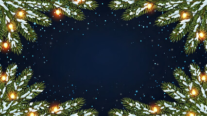 Festive winter frame with snow-covered fir branches and glowing Christmas lights on a dark blue background.