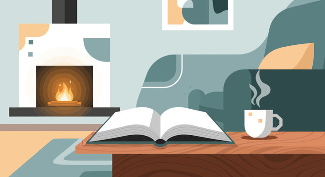 Cozy interior scene with fireplace book and hot drink conveying relaxation and comfort