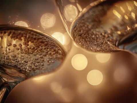 Macro close-up of champagne bubbles in two glasses with warm golden bokeh lights.
