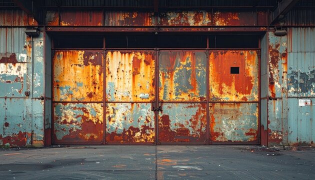 Rusty metal doors of abandoned warehouse