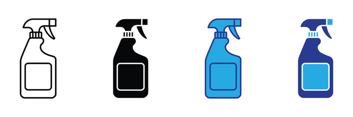 Four variations of cleaning spray bottle icons, including outline, solid black, blue, and dark blue with blue label, isolated on white
