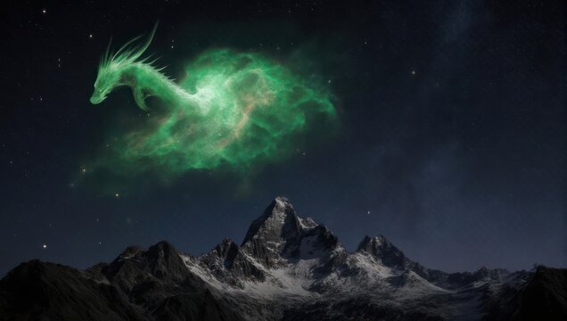 Mystical Green Dragon Nebula Ascends Above Snowy Mountain Peak Under Starry Night Sky. - Powered by Adobe