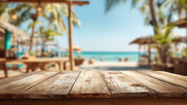 A wooden table sits in the foreground offering a view of a beautiful beach with palm trees and beach huts under a clear blue sky. The scene suggests relaxation and leisure. - Powered by Adobe