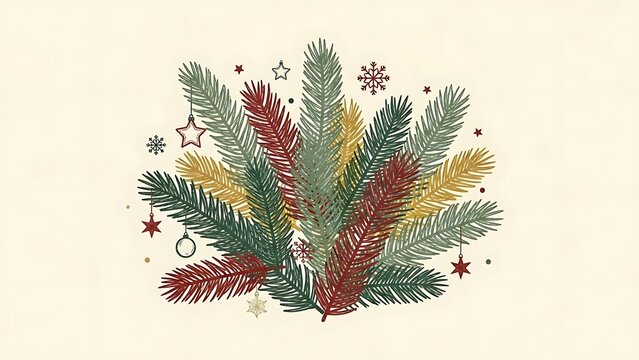 Festive christmas tree branches with ornaments and snowflakes on a cream background - Powered by Adobe