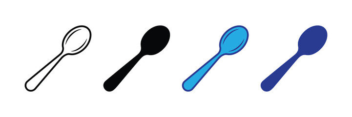 Four different spoon icons and silhouettes, isolated on white background, representing cutlery and kitchenware.