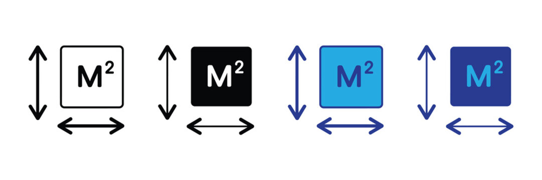 Set of four icons representing square meters, indicating dimensions and area measurements, with variations in color and style for design flexibility and clarity.