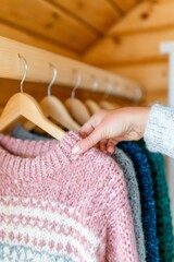 Hand selecting a soft knitted sweater from a row of warm woolen clothes hanging on wooden hangers