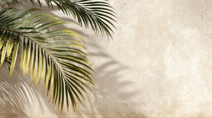 Lush palm leaves are positioned near a weathered beige wall creating an intricate pattern of shadows. The warm sunlight highlights the natural beauty of the leaves and wall.