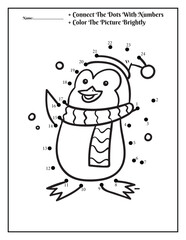 Penguin dot to dot coloring page for kids to connect and color