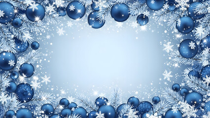 A festive Christmas frame with blue baubles, snowflakes, and frosted pine branches on a light blue background.