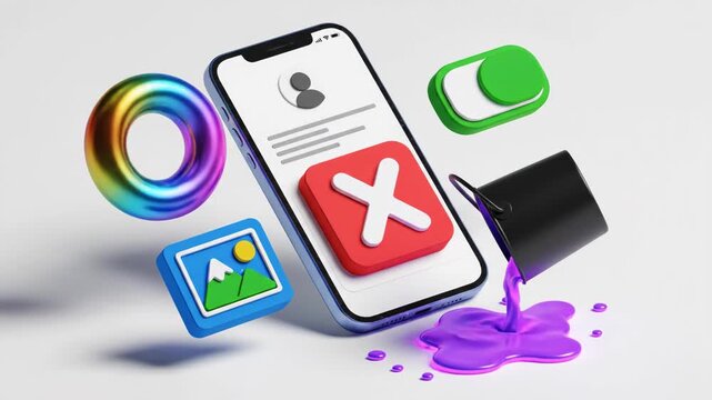 3d rendering of mobile app interface element with rejection icon, color palette, and design tool floating around isolated on white background