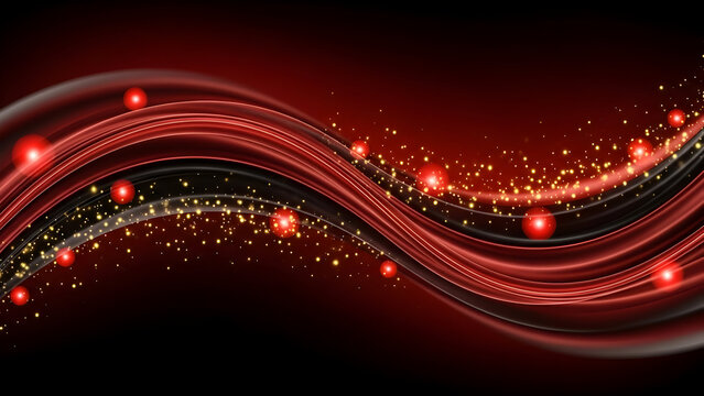 Abstract red and black flowing ribbons with glowing orbs and particles.