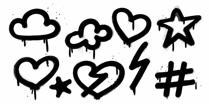 Collection of black graffiti spray paint icons including clouds hearts star lightning bolt and hashtag symbols