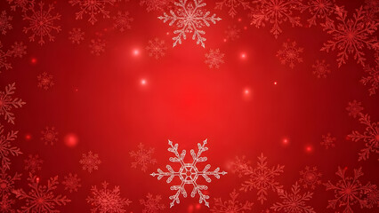 A festive red Christmas background with a decorative frame of intricate white snowflakes and soft glowing lights.